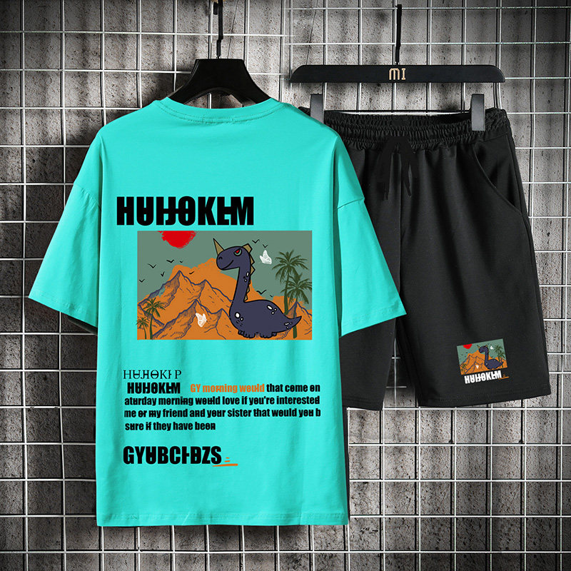 Dinosaur print trend handsome student T-shirt suit men's summer leisure youth short sleeve