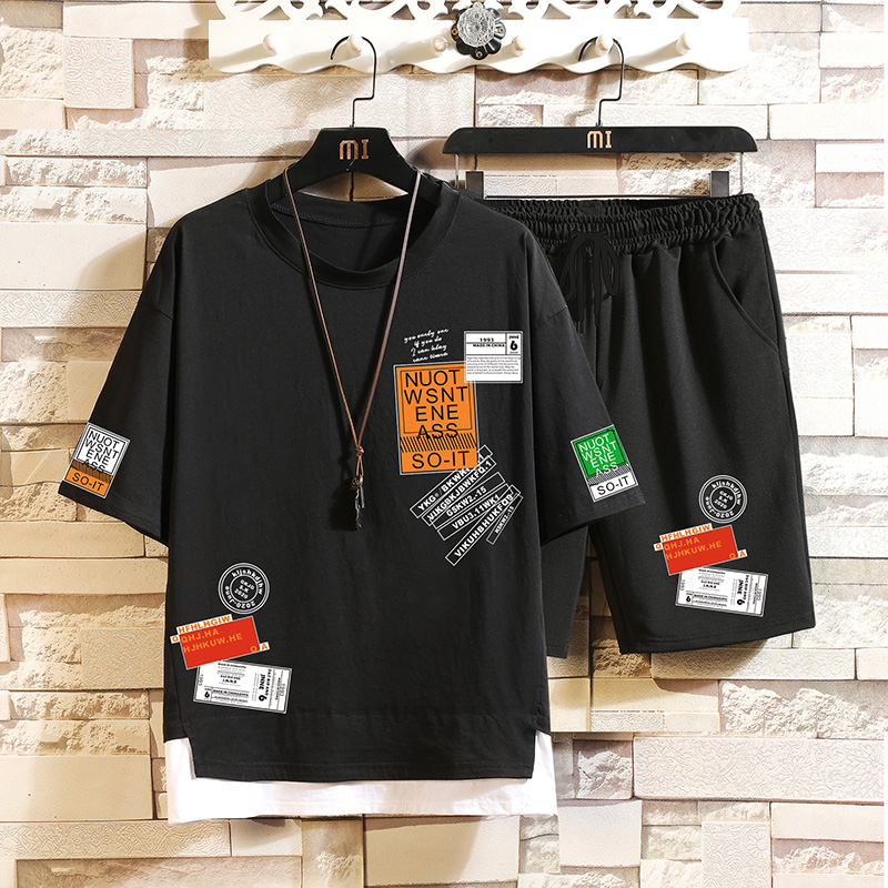 Hong Kong style casual suit men's fashion loose holiday two piece short sleeve T-shirt summer Korean Edition