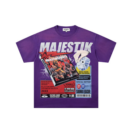 MAJESTIK美式复古做旧印花短袖T恤男女宽松街头风摇滚水洗上衣