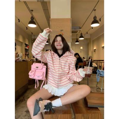 EMFLF春季粉白条纹开衫