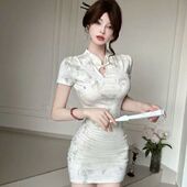 2025新款 新中式 复古改良旗袍女夏季 小个子掐腰独特盘扣包臀连衣裙