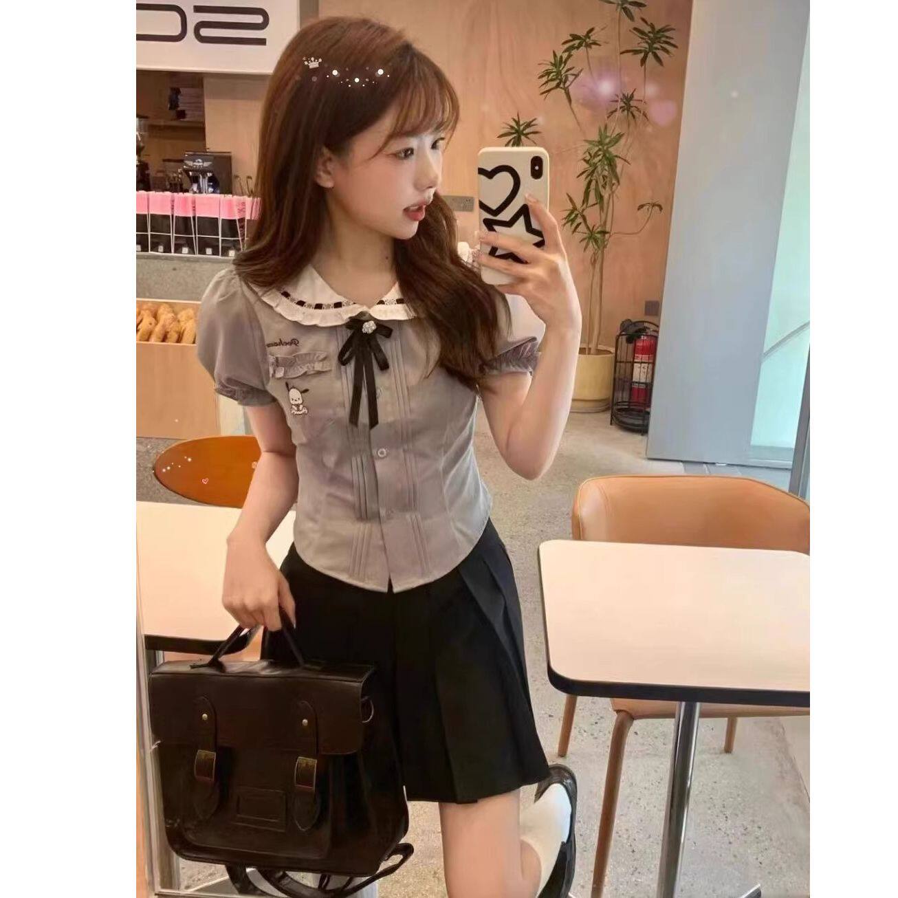 学院风甜美穿搭一整套女夏新款娃娃领短袖衬衫+百褶半身裙两件套