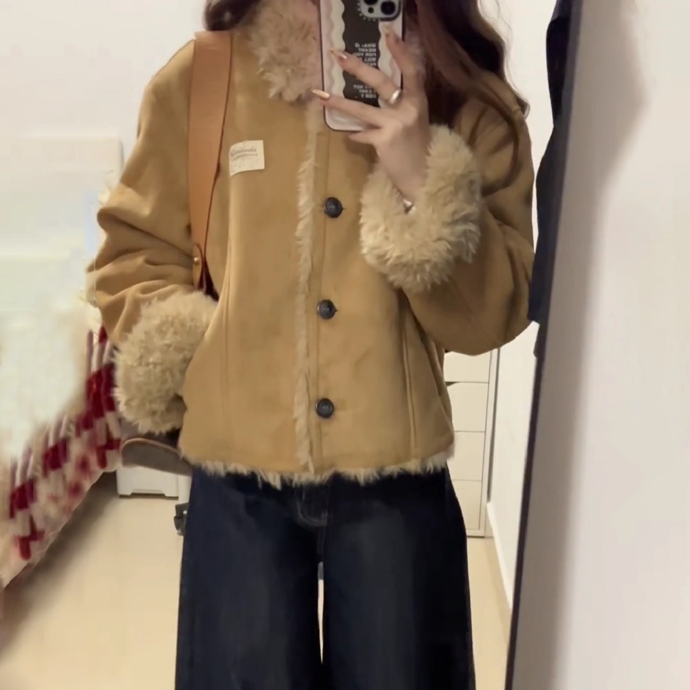 复古加绒加厚麂皮棉衣外套女冬季