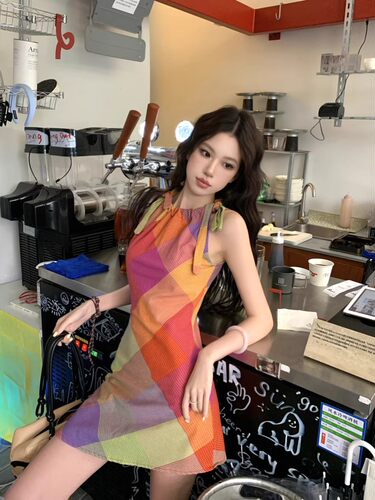无袖格子连衣裙收腰气质裙子