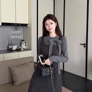 温柔韩系chic一整套装裙女春秋新款长袖蝴蝶结打底衫背心裙两件套