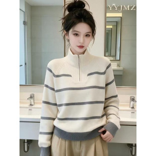 韩系chic高领拉链条纹针织衫女早秋新款宽松显瘦时髦撞色套头毛衣
