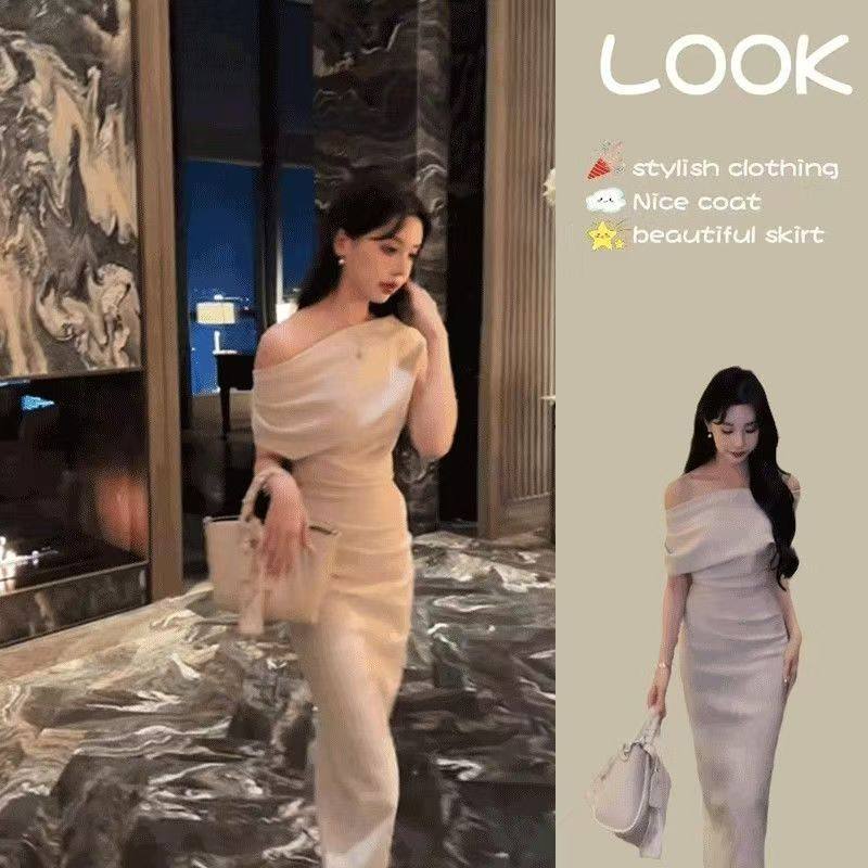 高级氛围感气质连衣裙女夏2025新款超显身材一字肩不规则包臀长裙,女装/女士精品,连衣裙,淘宝优惠券,粉丝福利购,淘宝优惠卷