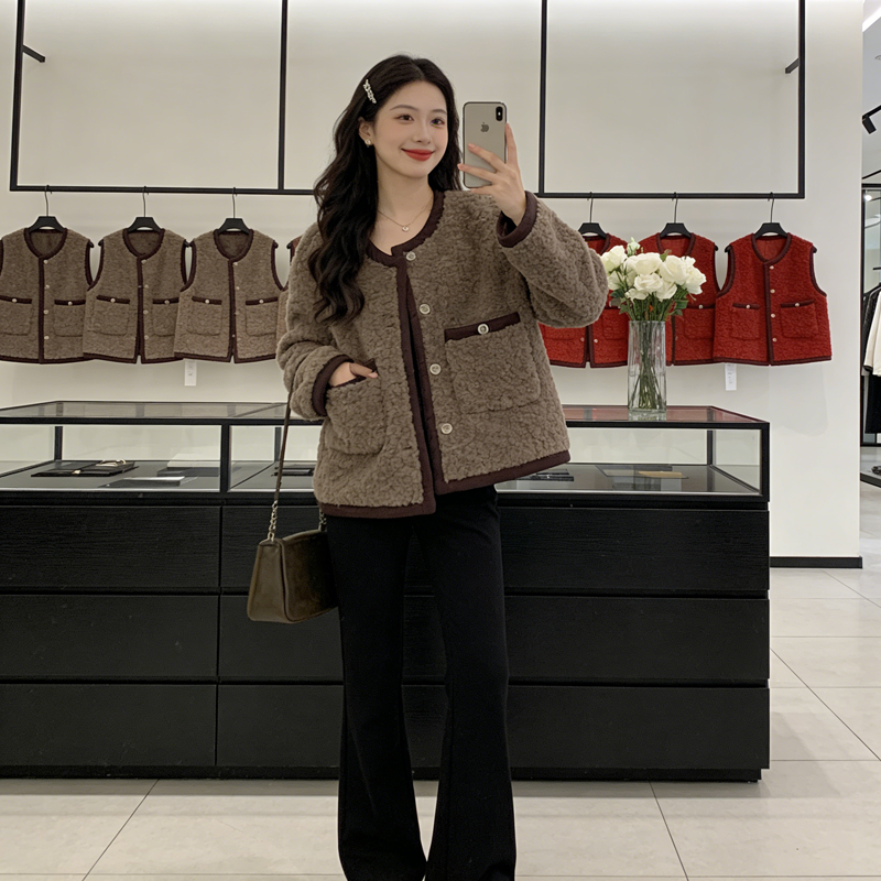 韩系chic羊羔绒开衫外套女秋冬新款宽松遮肉显瘦洋气复古短款上衣