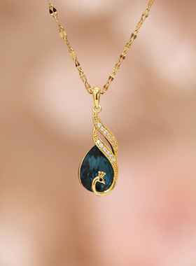 铜镀真金钛钢链18K蓝色孔雀项链潮气质时尚网红短款锁骨链颈链