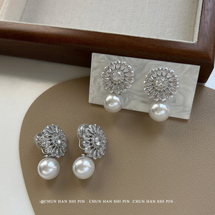 超闪锆石花朵珍珠耳夹女无耳洞轻奢复古新耳环时尚夸张蚊香盘耳饰