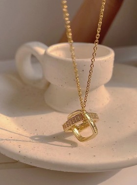 铜合真金电镀18K微镶锆石几何双环相扣项链女轻奢小众设计感高级