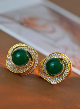 中式立体花朵耳环绿玛瑙绿色玉髓耳饰银针耳钉轻奢高级感 A10216