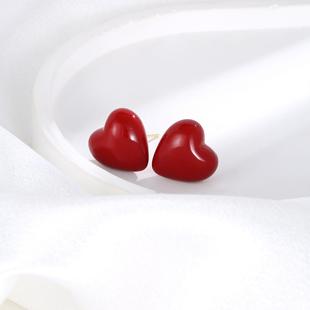 港风复古安可拉红色爱心耳钉925純银针气质耳饰轻奢高级感耳环女