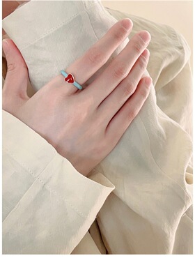 【中古蝴蝶】法式复古蓝红撞色蝴蝶爱心开口可调节戒指珐琅釉指环