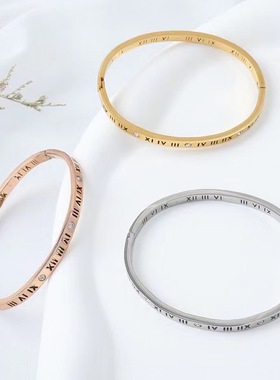 欧美钛钢励志时刻手镯时尚个性罗马数字手环韩国简约女手链配饰品