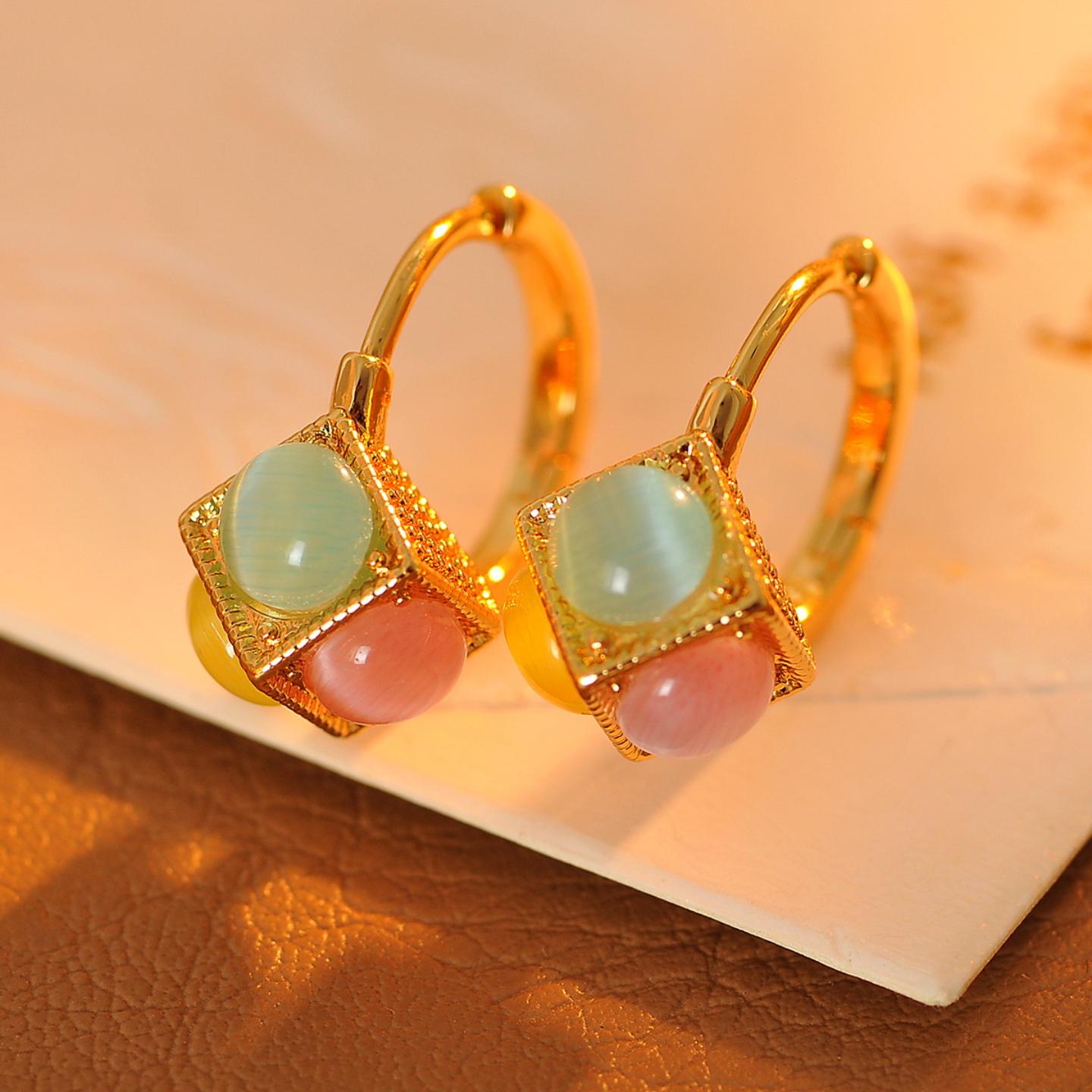 多巴胺中古风气质耳环女小众精致彩色猫眼石环环相扣耳坠