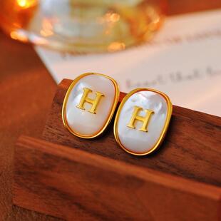 天然珍珠母贝耳环小众设计感气质轻奢高级感法式简约几何耳钉耳饰