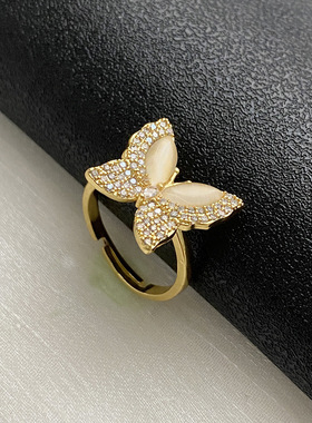 ins网红同款猫眼石蝴蝶戒指女高级设计感开口可调节食指戒指环