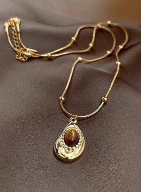 琥珀石颈链女金色复古虎眼高级感不规则锁骨链毛衣链项链轻奢小众