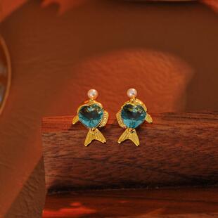 Ks欧美小鱼清新透耳钉心形锆石耳环清新甜美镀金饰品女