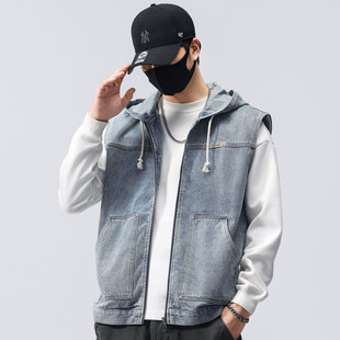 拉链款 坎肩马夹工装 背心外套潮 连帽牛仔马甲男复古怀旧无袖 春秋季