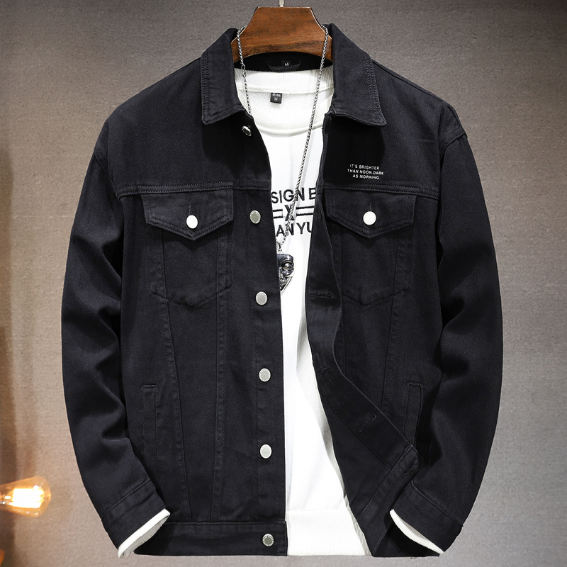 黑色牛仔外套男士秋季新款字母印花高级感痞帅秋冬纯棉夹克褂子