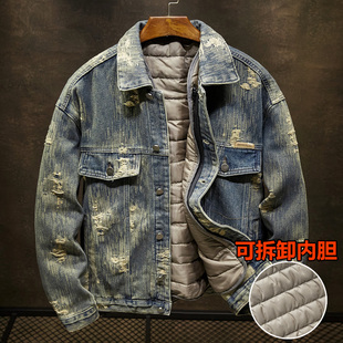 加绒加厚牛仔外套男破洞潮牌夹棉夹克可拆卸内胆冬季保暖棉衣棉服