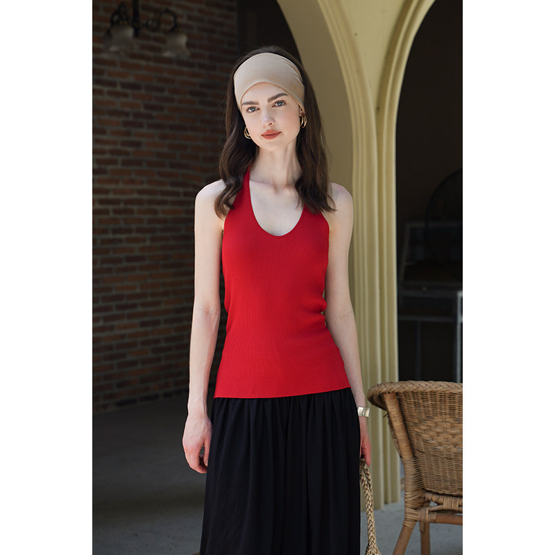 miorastudio法式复古红色挂脖吊带上衣 小众设计感显瘦收腰针织衫