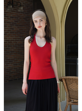 miorastudio法式复古红色挂脖吊带上衣 小众设计感显瘦收腰针织衫