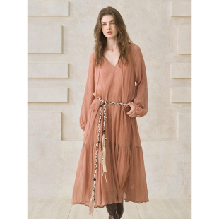 Miorastudio法式 复古干枯玫瑰V领连衣裙气质优雅两件套度假风裙子