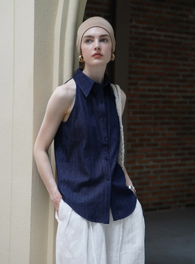 Miorastudio法式复古牛仔无袖背心 小众老钱风气质时髦深蓝色衬衫