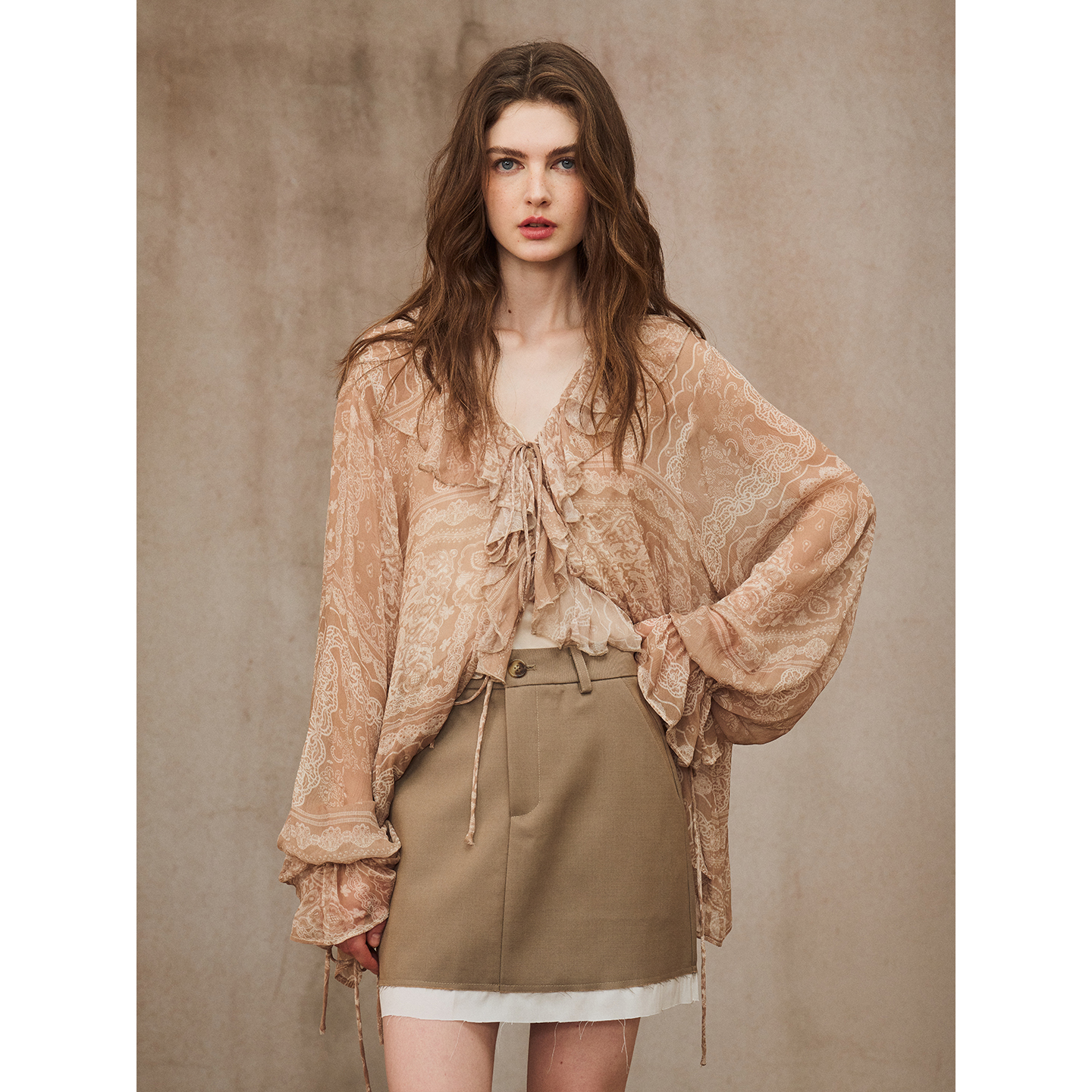 Miorastudio法式复古卡其绿拼接短裙 高级感气质单粒扣西装半身裙