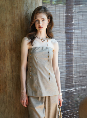 Miorastudio法式度假老钱风背心 高極感抹胸亚麻上衣长裤休闲夏季