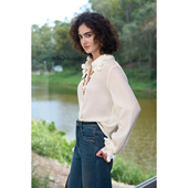 Miorastudio法式 复古杏色微透立体花领口衬衫 宽松直筒高级感上衣