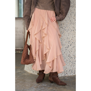 Miorastudio法式 复古不规则蕾丝拼接粉色半身裙高腰荷叶边长裙子
