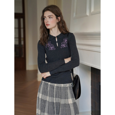 Miorastudio法式百合花刺绣针织上衣 气质修身灰色毛衣打底衫