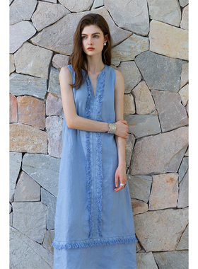 miorastudio法式复古度假蓝色流苏中长亚麻连衣裙设计感背心裙子