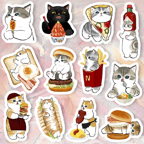 可爱贪吃鲨鱼猫咪mofusand吃货汉堡美食防水手机笔记本行李箱贴纸
