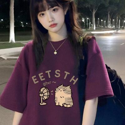 300斤大尺码短袖T恤女装夏季200斤胖mm减龄宽松慵懒风紫色上衣