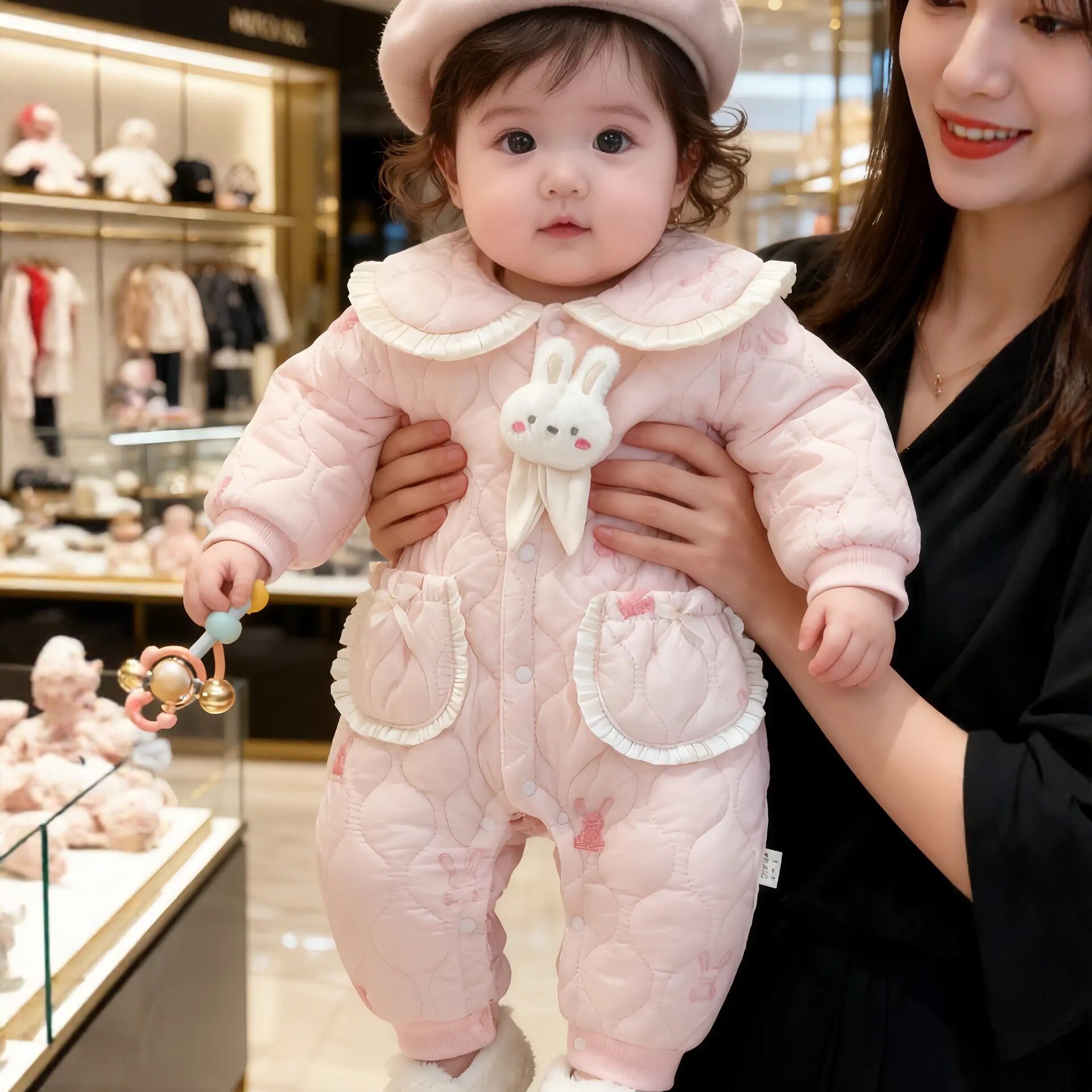 女宝宝冬装深秋薄棉加绒1一岁半5八7十6个月婴儿女孩衣服连体套装