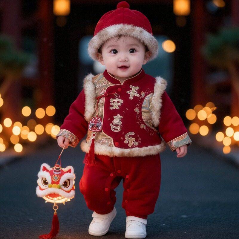 婴儿连体衣服冬季宝宝百天新年加厚外出服0一3个月6五4七1岁半8十