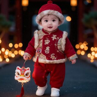 婴儿连体衣服冬季宝宝百天新年加厚外出服0一3个月6五4七1岁半8十