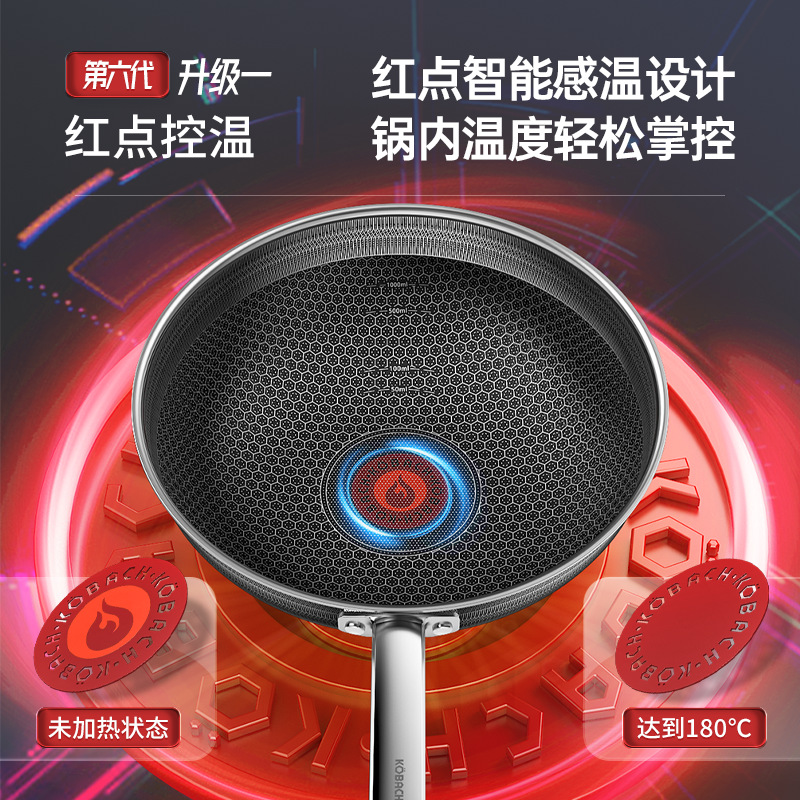 赫六代炒锅家用不粘锅不锈钢双蜂窝炒菜锅复底红点感温不