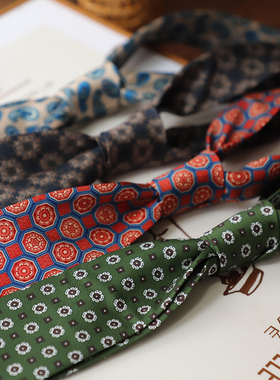 中世纪印花大花复古8CM仿真丝手打领带 男 绿色咖啡酒红 港风百搭