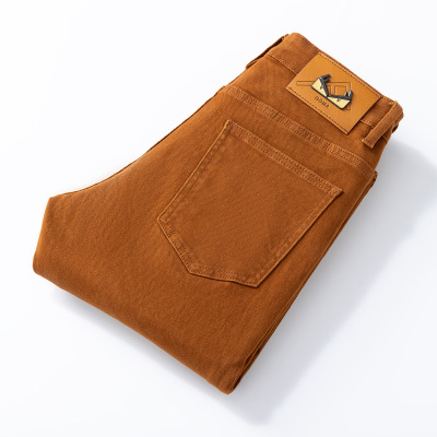 高端黄棕咖啡色牛仔裤男士2025秋季男裤潮流弹力修身小脚长裤子