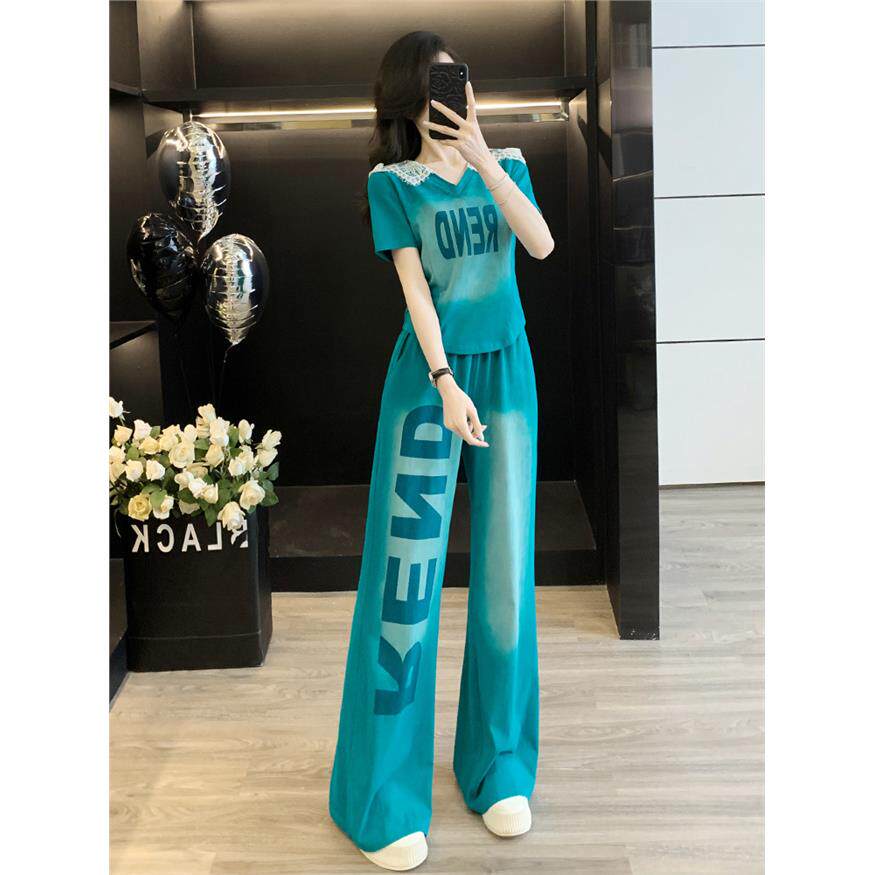 欧货扎染休闲运动套装女夏韩版时尚减龄连帽短袖阔腿裤两件套洋气