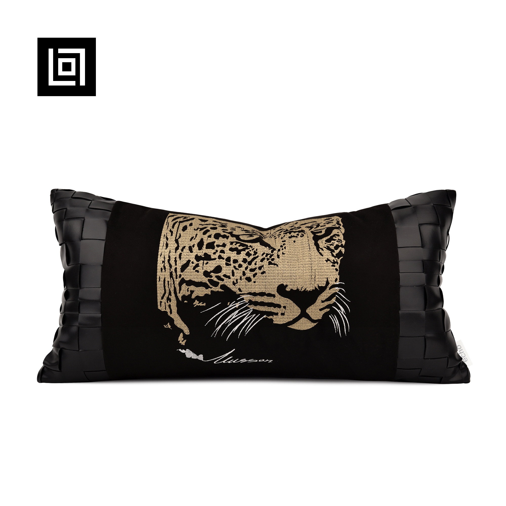 echo轻奢样板间抱枕黑色编织皮拼接金钱豹腰枕别墅沙发靠包靠垫套