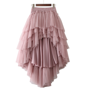 达奕创层层前短后长纱裙女蓬蓬裙半身裙斜摆个性网纱公主蛋糕裙子