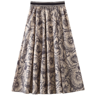 达奕创2024春夏新太阳神印花伞裙高腰大摆裙中长款 显瘦半身长裙女