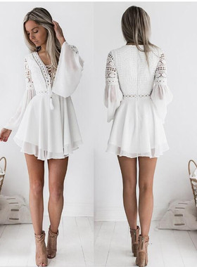Lace Semi-sheer Plunge V-Neck Long Sleeve Dress Black/White